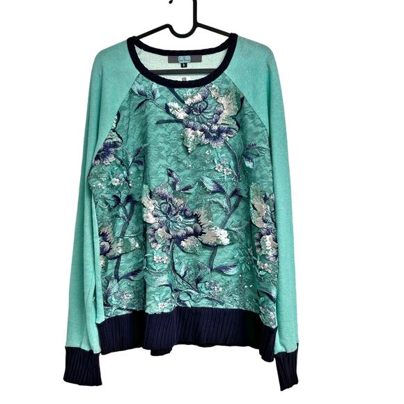 EVA FRANCO x ANTHROPOLOGIE  Women's Mint‎ Sequin Sweater Embroidered Floral-Sz 6 - Picture 1 of 4